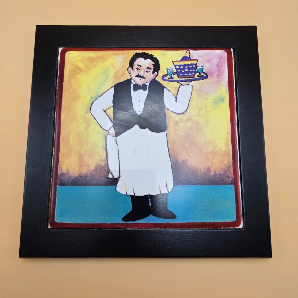 Charming Waiter Serving Tray Tile Art Framed Wall Decor